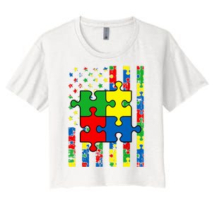 American Flag Autism Awareness Baby Boy Girl Women's Crop Top Tee