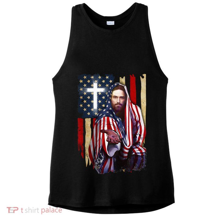 American Flag And Jesus Happy Independence Day 4th Of July Ladies PosiCharge Tri-Blend Wicking Tank
