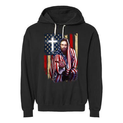 American Flag And Jesus Happy Independence Day 4th Of July Garment-Dyed Fleece Hoodie