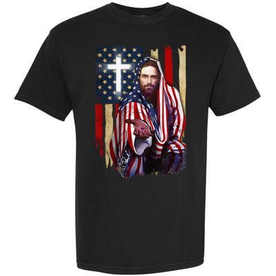 American Flag And Jesus Happy Independence Day 4th Of July Garment-Dyed Heavyweight T-Shirt