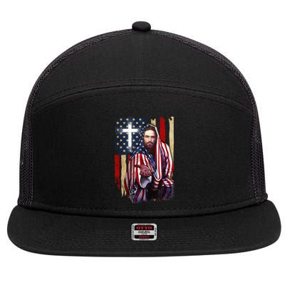 American Flag And Jesus Happy Independence Day 4th Of July 7 Panel Mesh Trucker Snapback Hat