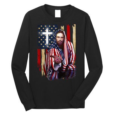 American Flag And Jesus Happy Independence Day 4th Of July Long Sleeve Shirt