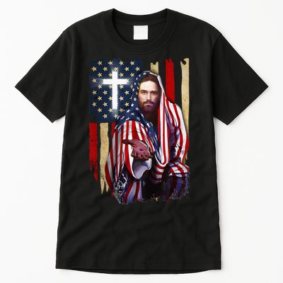 American Flag And Jesus Happy Independence Day 4th Of July Tall T-Shirt