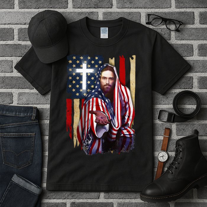 American Flag And Jesus Happy Independence Day 4th Of July Tall T-Shirt