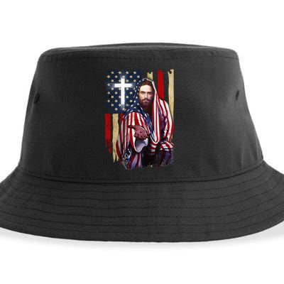 American Flag And Jesus Happy Independence Day 4th Of July Sustainable Bucket Hat
