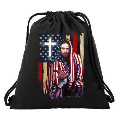 American Flag And Jesus Happy Independence Day 4th Of July Drawstring Bag