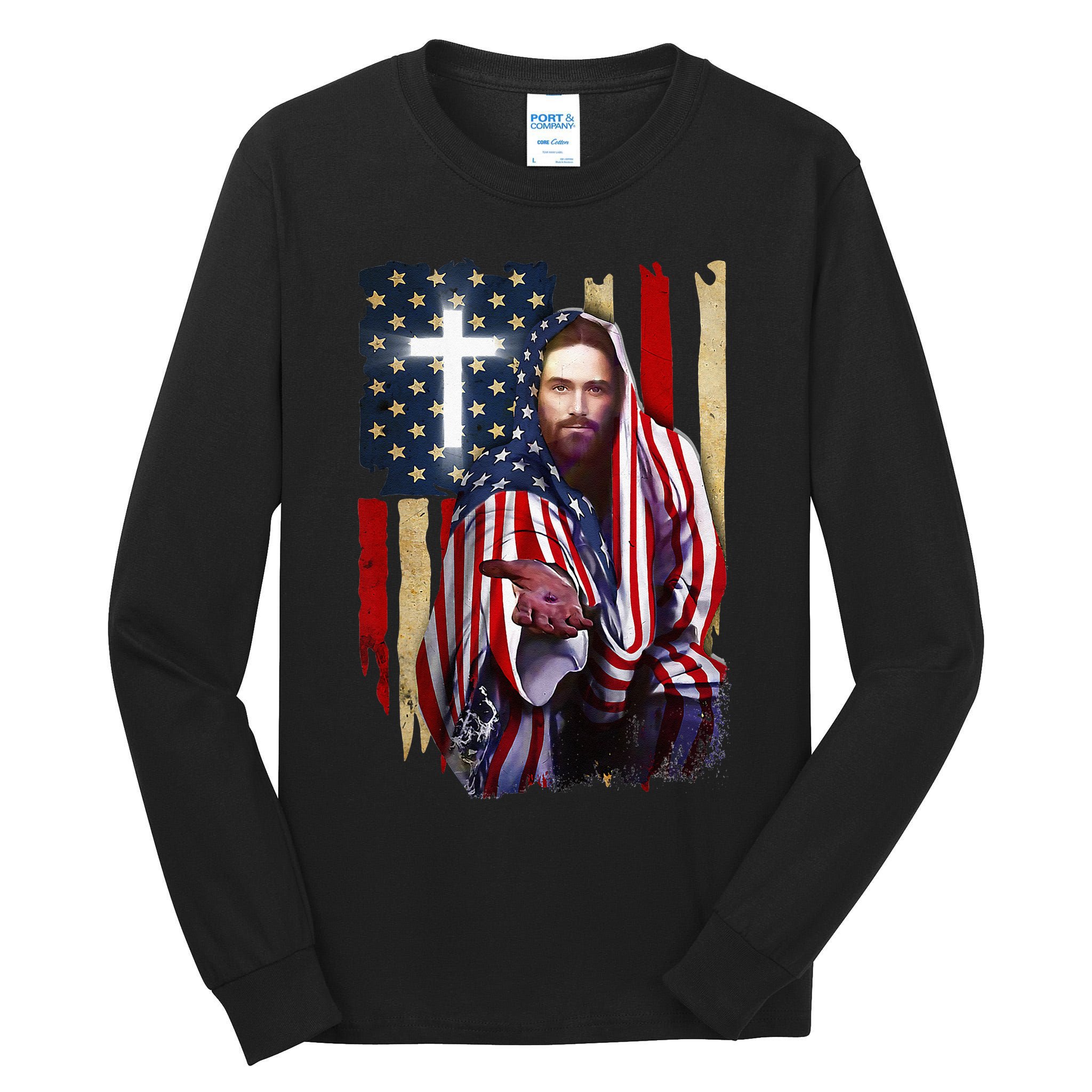 American Flag And Jesus Happy Independence Day 4th Of July Tall Long Sleeve T-Shirt