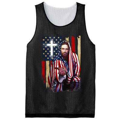American Flag And Jesus Happy Independence Day 4th Of July Mesh Reversible Basketball Jersey Tank