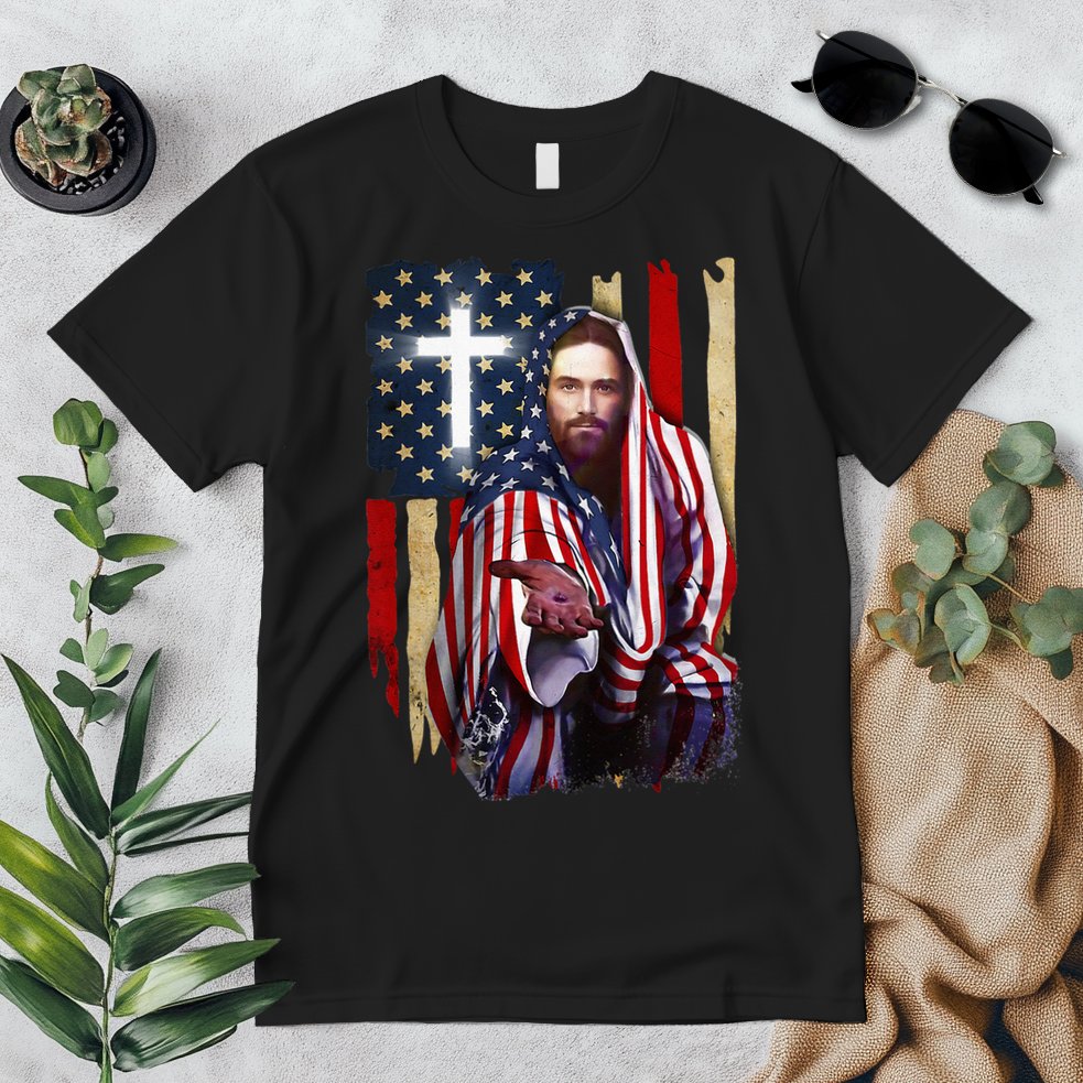 American Flag And Jesus Happy Independence Day 4th Of July Premium T-Shirt