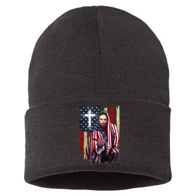American Flag And Jesus Happy Independence Day 4th Of July Sustainable Knit Beanie