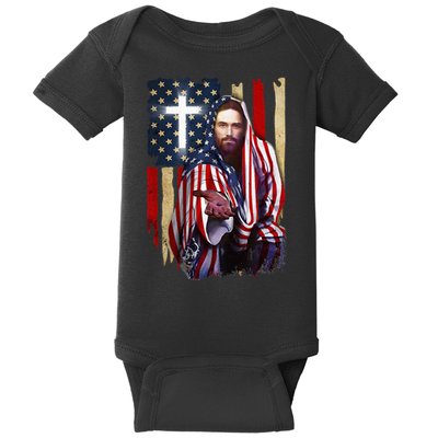 American Flag And Jesus Happy Independence Day 4th Of July Baby Bodysuit