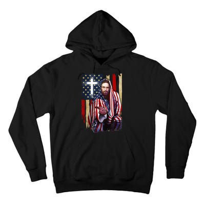 American Flag And Jesus Happy Independence Day 4th Of July Tall Hoodie