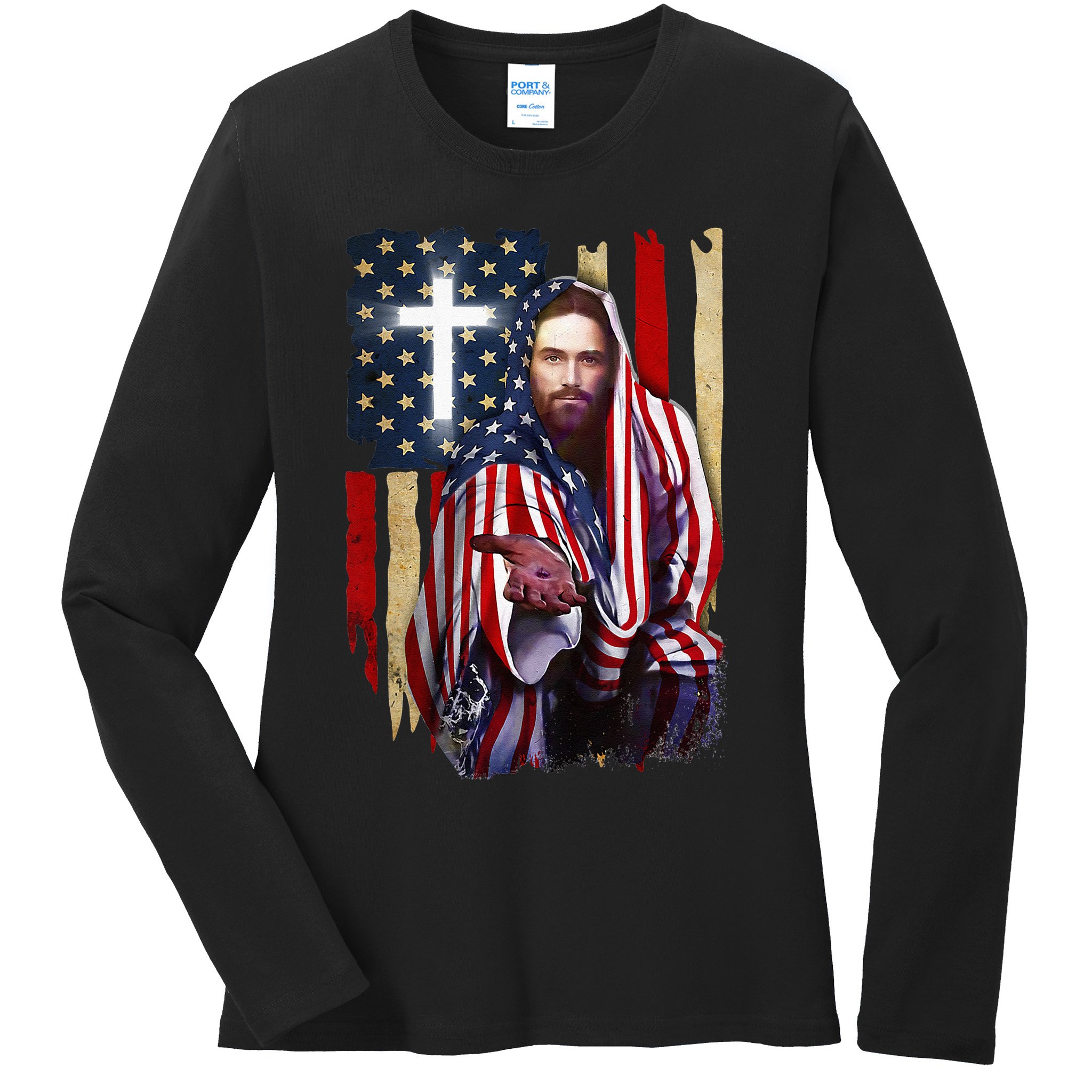 American Flag And Jesus Happy Independence Day 4th Of July Ladies Long Sleeve Shirt