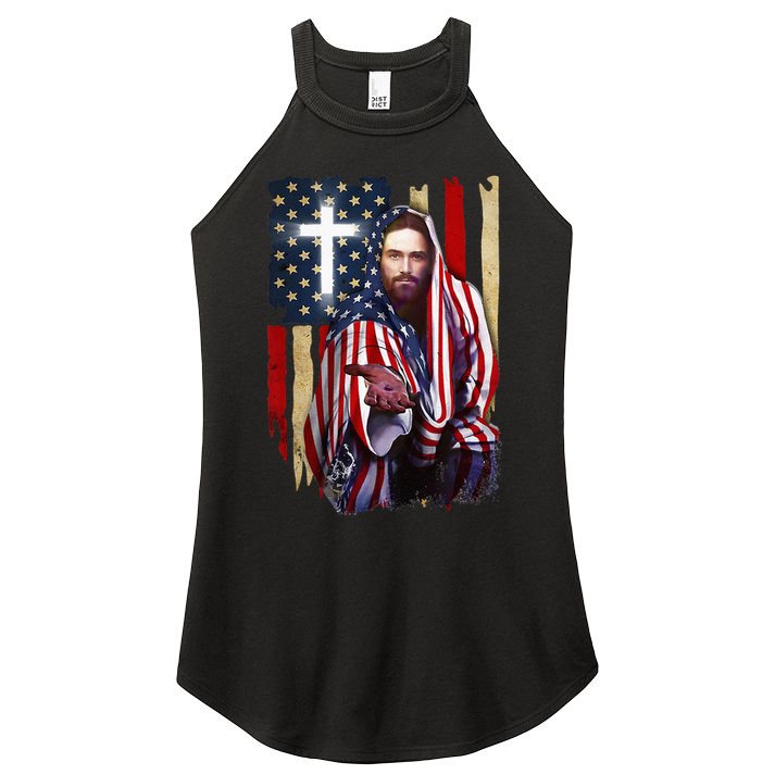 American Flag And Jesus Happy Independence Day 4th Of July Women's Perfect Tri Rocker Tank