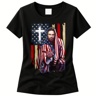 American Flag And Jesus Happy Independence Day 4th Of July Womens T-Shirt