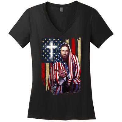 American Flag And Jesus Happy Independence Day 4th Of July Women's V-Neck T-Shirt