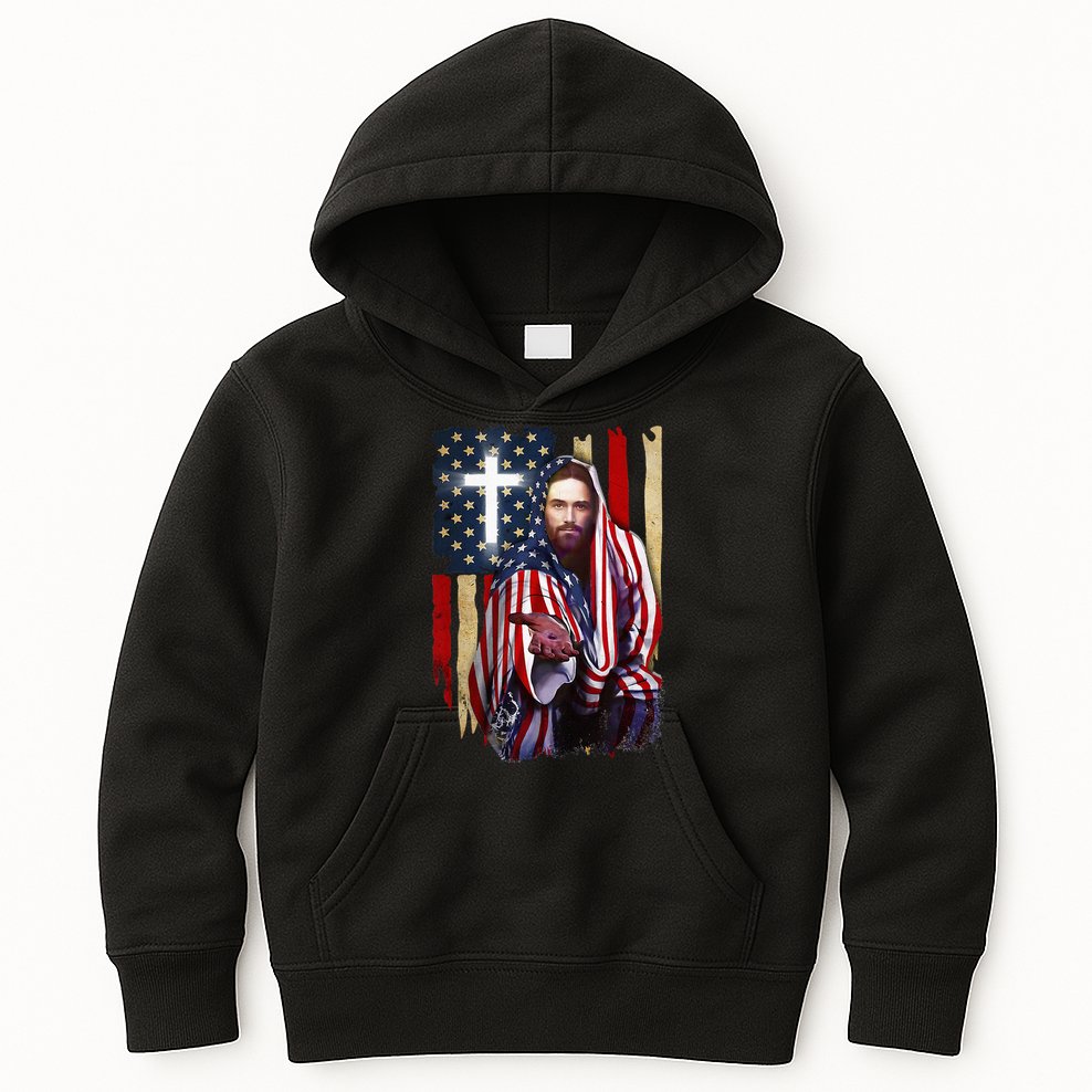 American Flag And Jesus Happy Independence Day 4th Of July Kids Hoodie