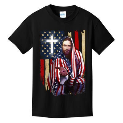 American Flag And Jesus Happy Independence Day 4th Of July Kids T-Shirt