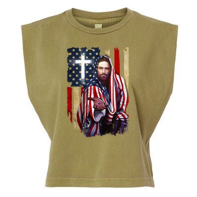 American Flag And Jesus Happy Independence Day 4th Of July Garment-Dyed Women's Muscle Tee