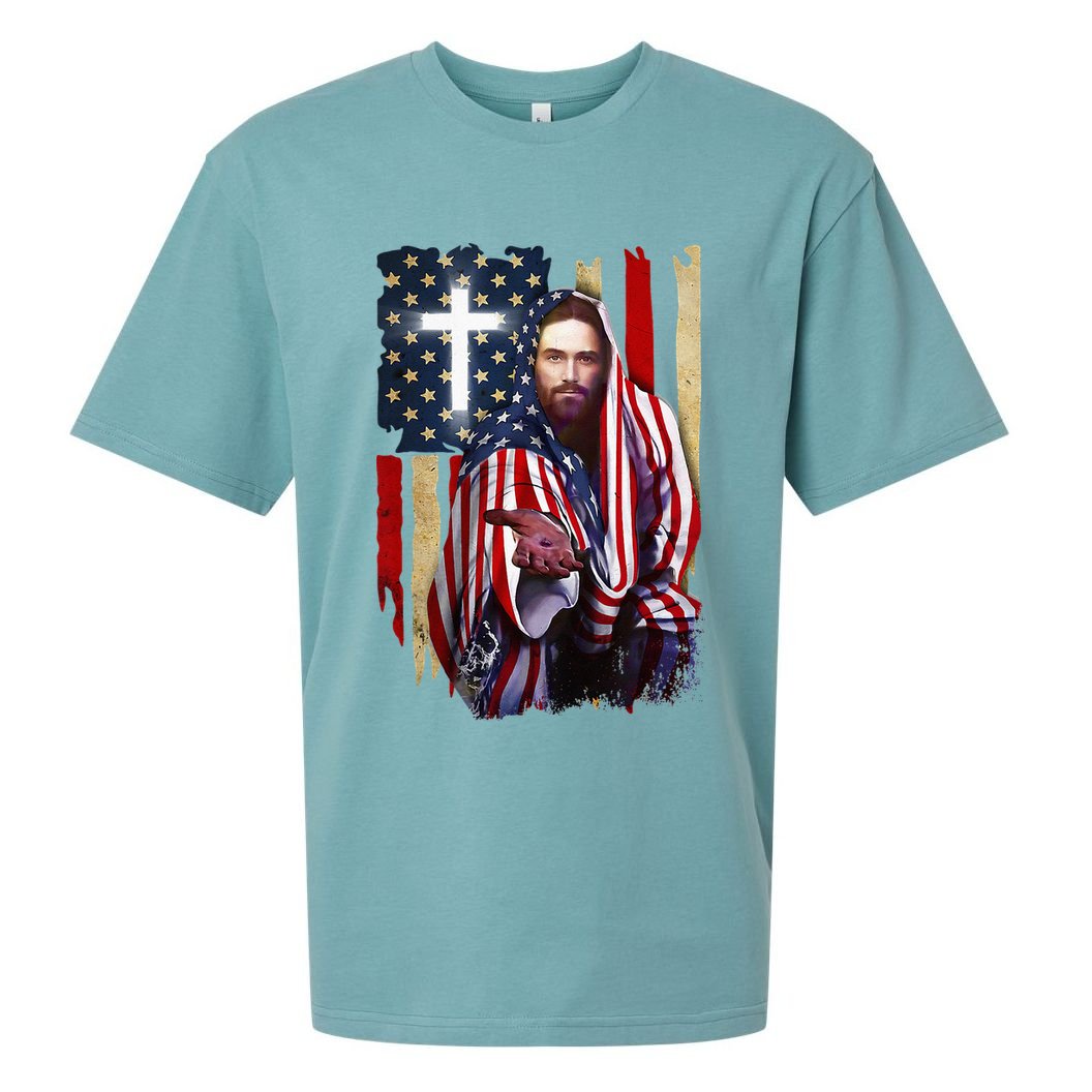 American Flag And Jesus Happy Independence Day 4th Of July Sueded Cloud Jersey T-Shirt