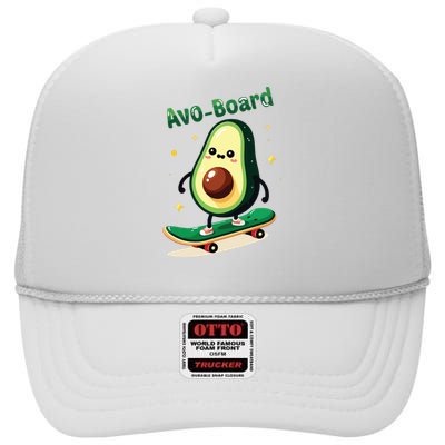 Avoboard Funny Avocado On A Skateboard Vegan Food Boy High Crown Mesh Back Trucker Hat