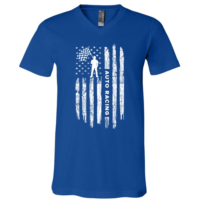 American Flag Auto Racing Clothing Gift Vintage Auto Racing Meaningful Gift V-Neck T-Shirt