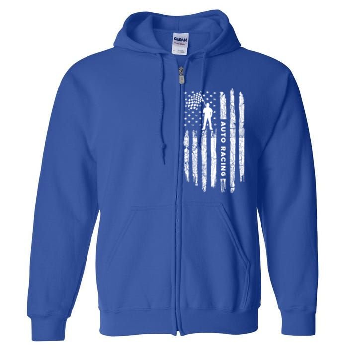 American Flag Auto Racing Clothing Gift Vintage Auto Racing Meaningful Gift Full Zip Hoodie