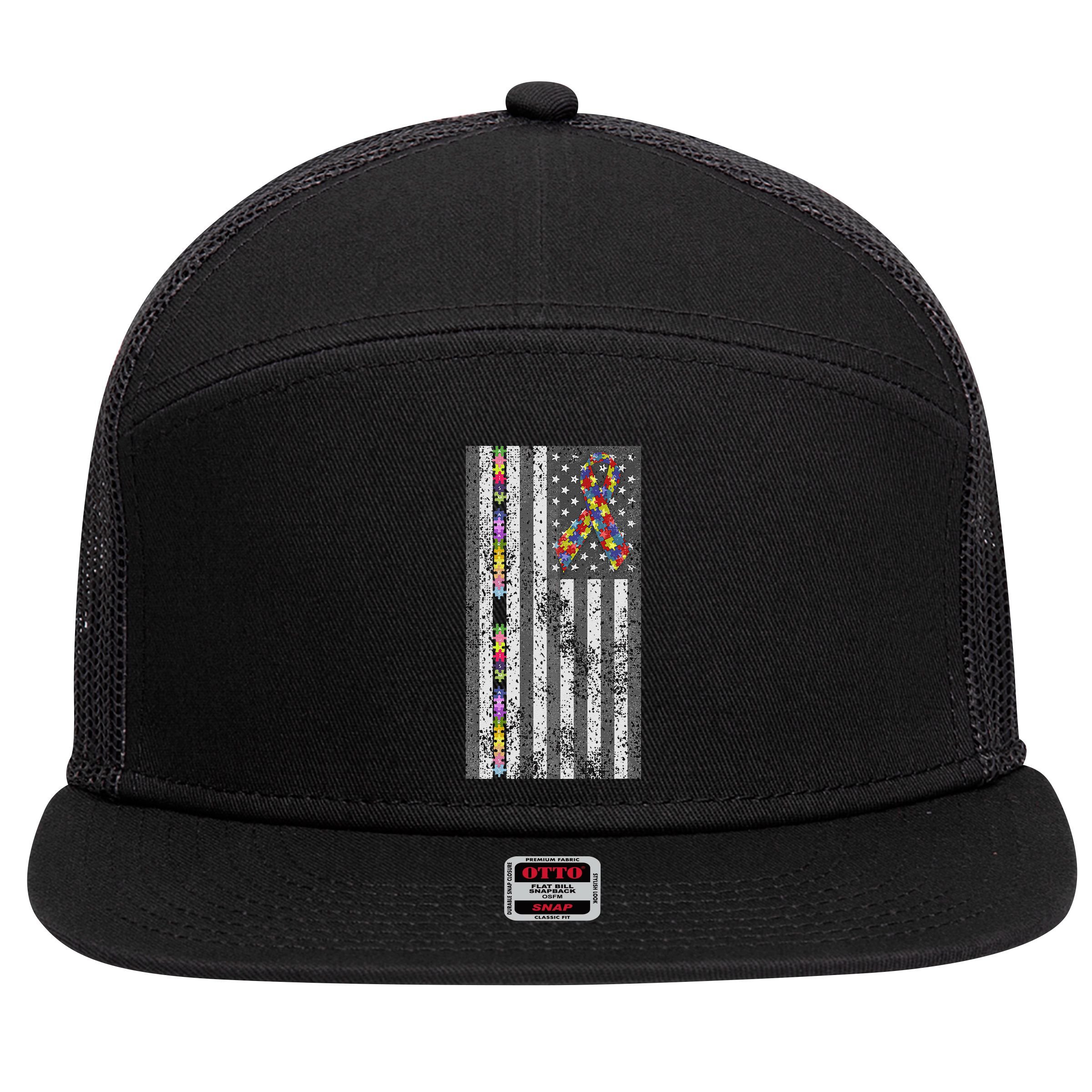 American Flag Autism Awareness Puzzle Piece & Ribbon 7 Panel Mesh Trucker Snapback Hat