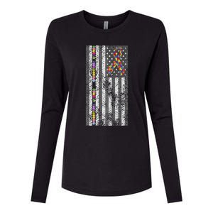 American Flag Autism Awareness Puzzle Piece & Ribbon Womens Cotton Relaxed Long Sleeve T-Shirt