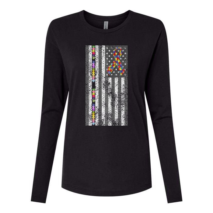 American Flag Autism Awareness Puzzle Piece & Ribbon Womens Cotton Relaxed Long Sleeve T-Shirt