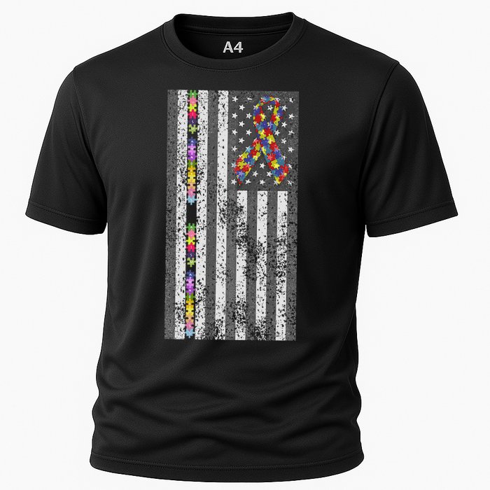 American Flag Autism Awareness Puzzle Piece & Ribbon Cooling Performance Crew T-Shirt