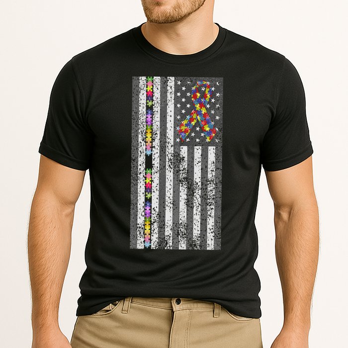 American Flag Autism Awareness Puzzle Piece & Ribbon Cooling Performance Crew T-Shirt