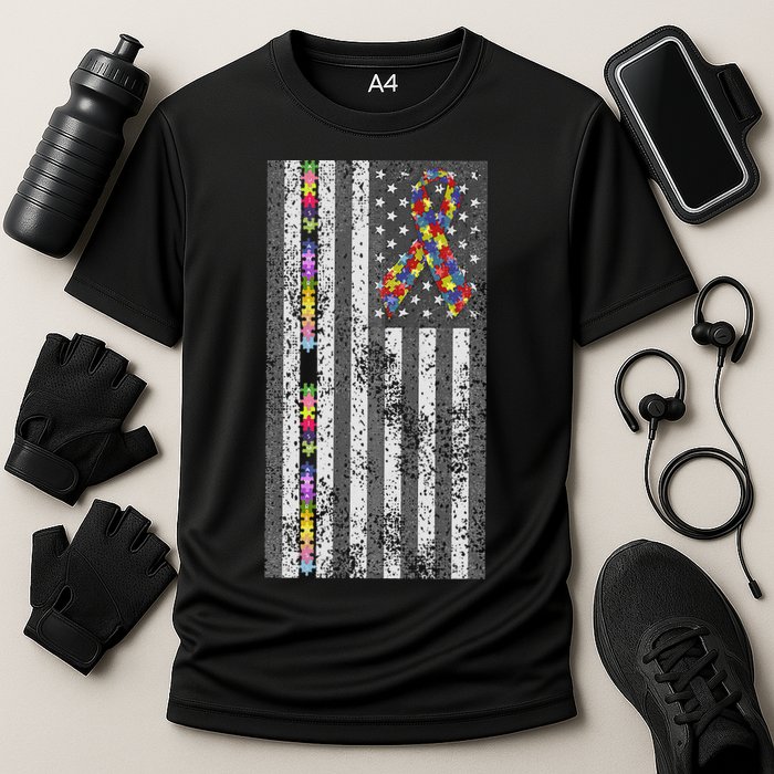 American Flag Autism Awareness Puzzle Piece & Ribbon Cooling Performance Crew T-Shirt