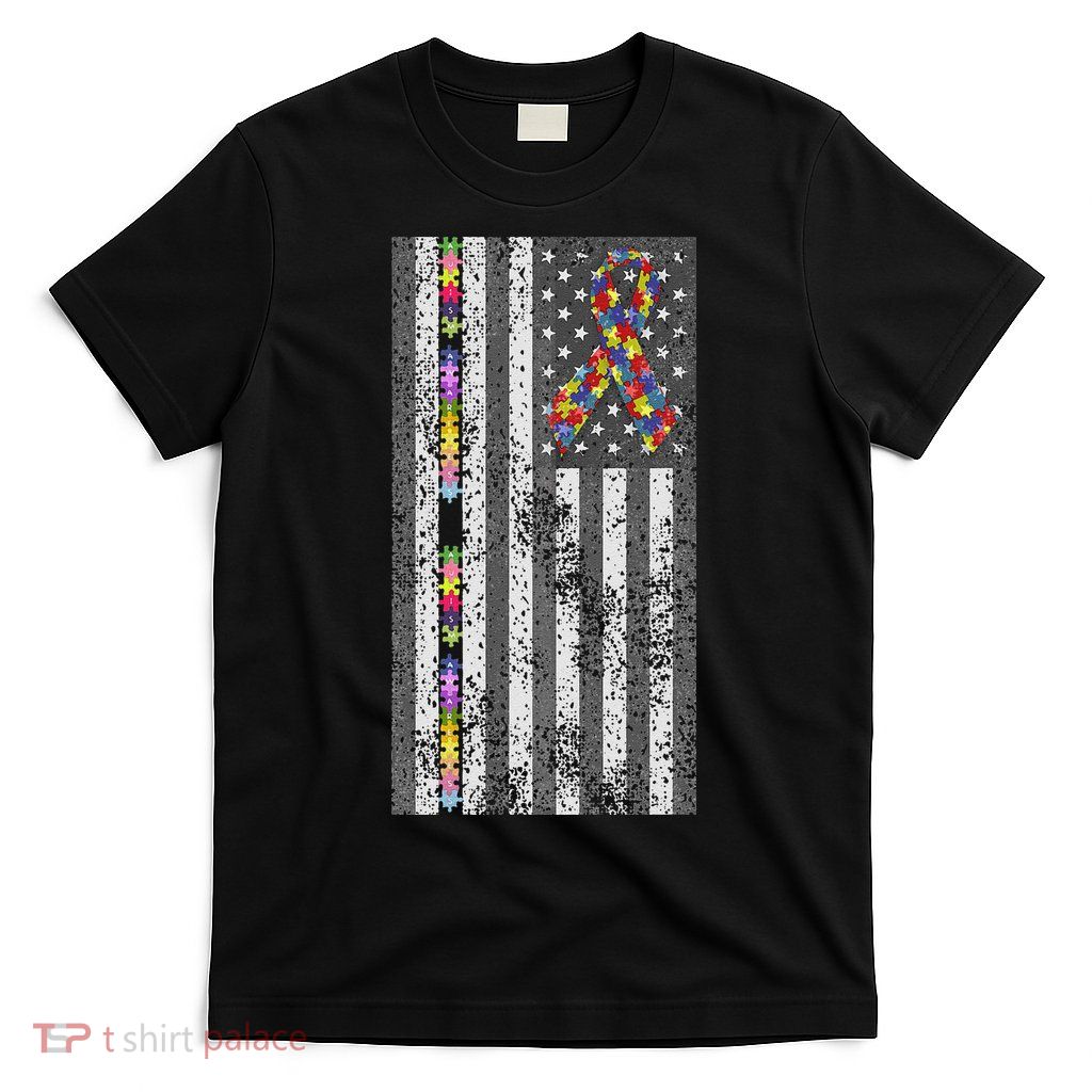 American Flag Autism Awareness Puzzle Piece & Ribbon T-Shirt