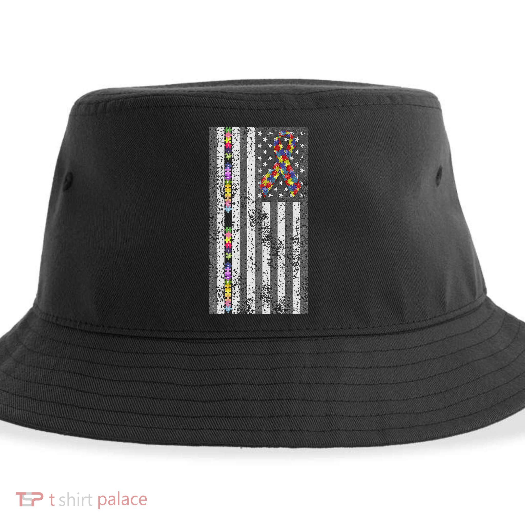 American Flag Autism Awareness Puzzle Piece & Ribbon Sustainable Bucket Hat