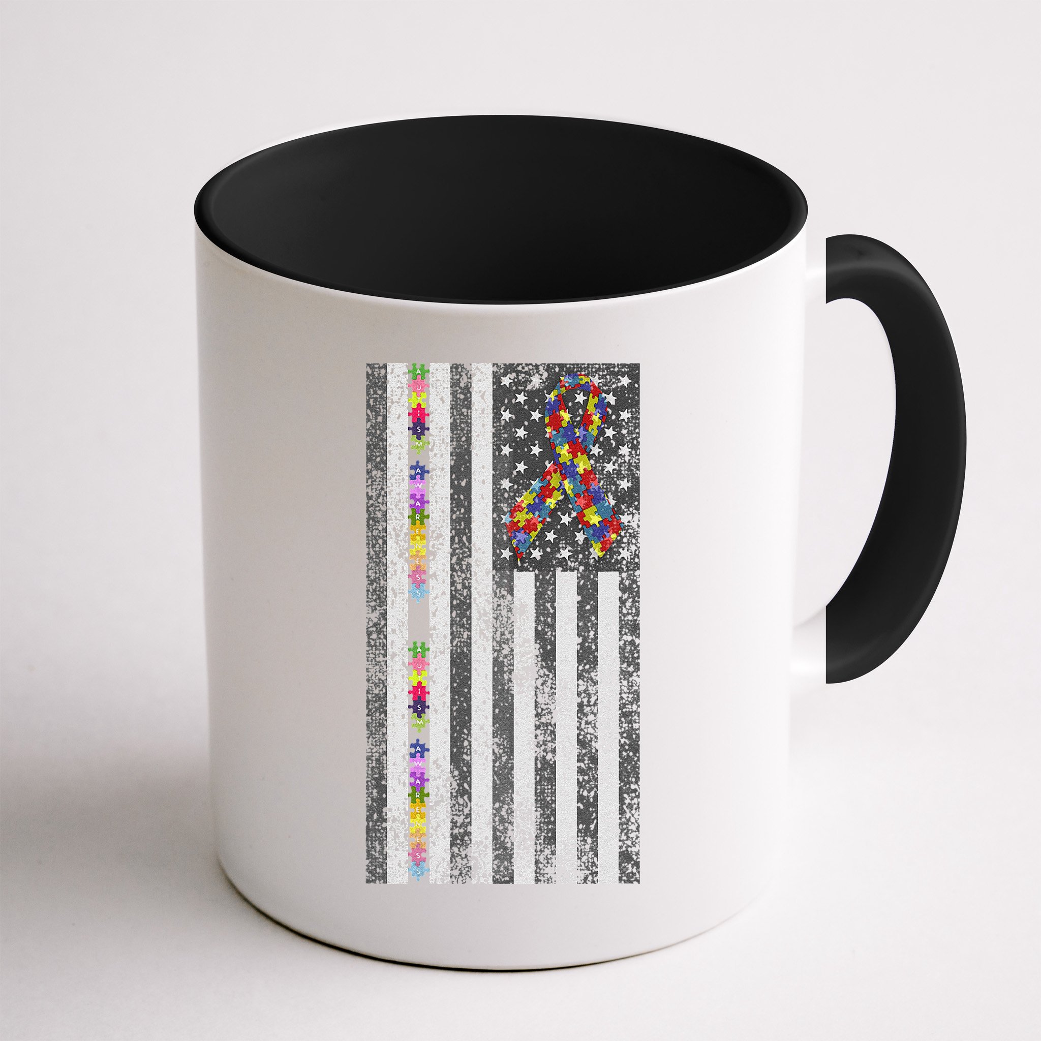 American Flag Autism Awareness Puzzle Piece & Ribbon Mug