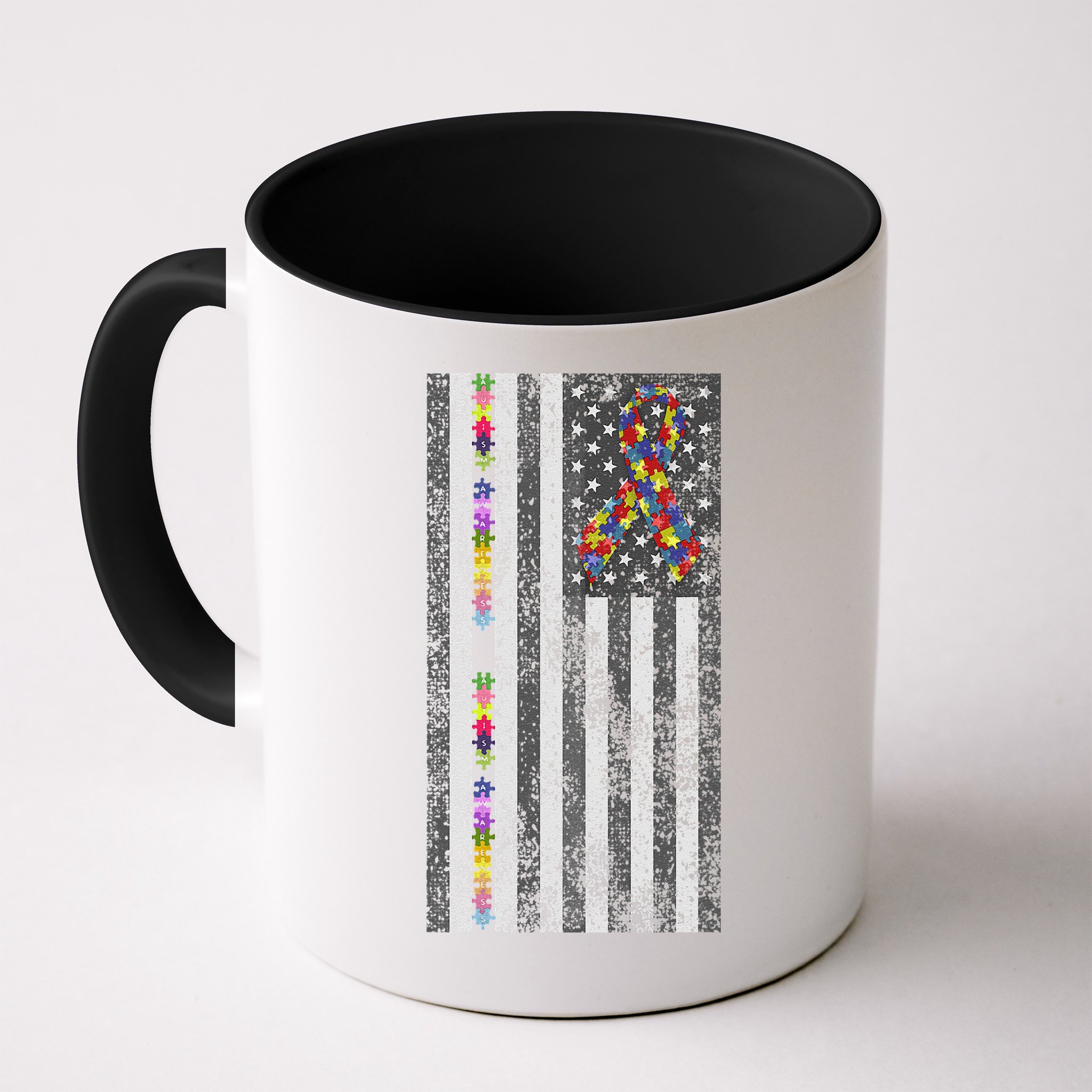 American Flag Autism Awareness Puzzle Piece & Ribbon Mug
