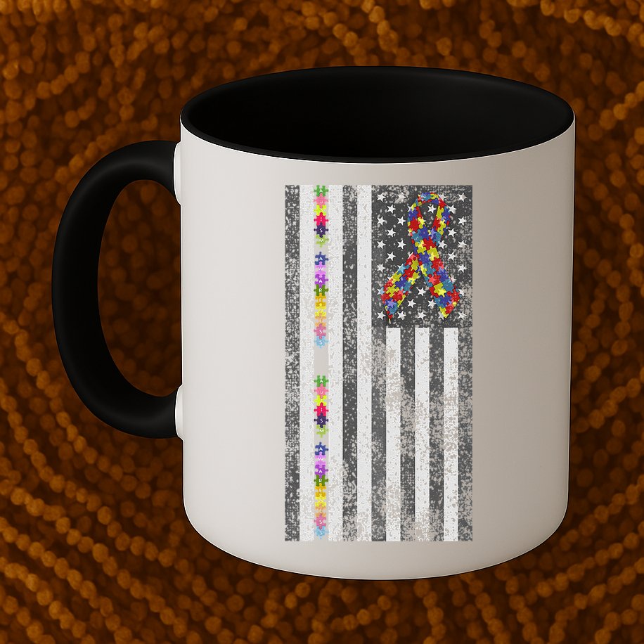 American Flag Autism Awareness Puzzle Piece & Ribbon Mug