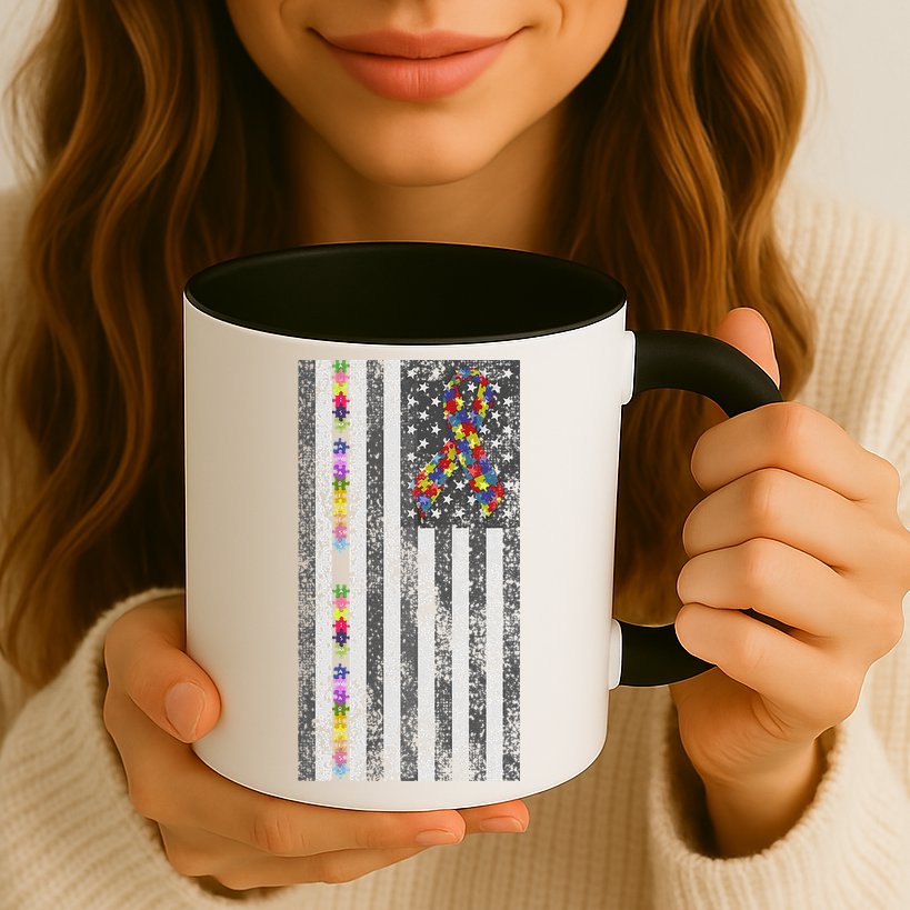 American Flag Autism Awareness Puzzle Piece & Ribbon Mug