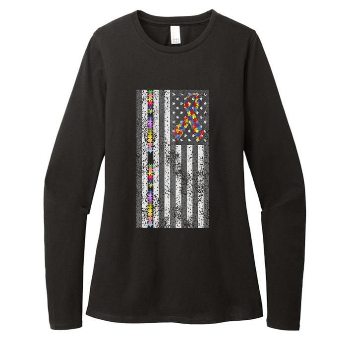 American Flag Autism Awareness Puzzle Piece & Ribbon Womens CVC Long Sleeve Shirt