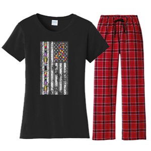 American Flag Autism Awareness Puzzle Piece & Ribbon Women's Flannel Pajama Set