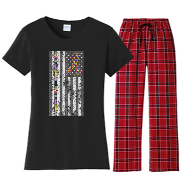 American Flag Autism Awareness Puzzle Piece & Ribbon Women's Flannel Pajama Set