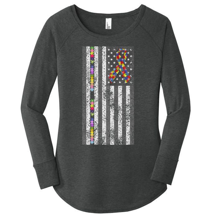 American Flag Autism Awareness Puzzle Piece & Ribbon Women's Perfect Tri Tunic Long Sleeve Shirt