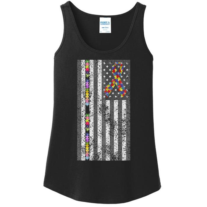 American Flag Autism Awareness Puzzle Piece & Ribbon Ladies Essential Tank