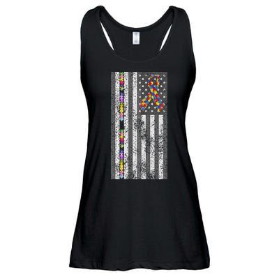 American Flag Autism Awareness Puzzle Piece & Ribbon Ladies Essential Flowy Tank