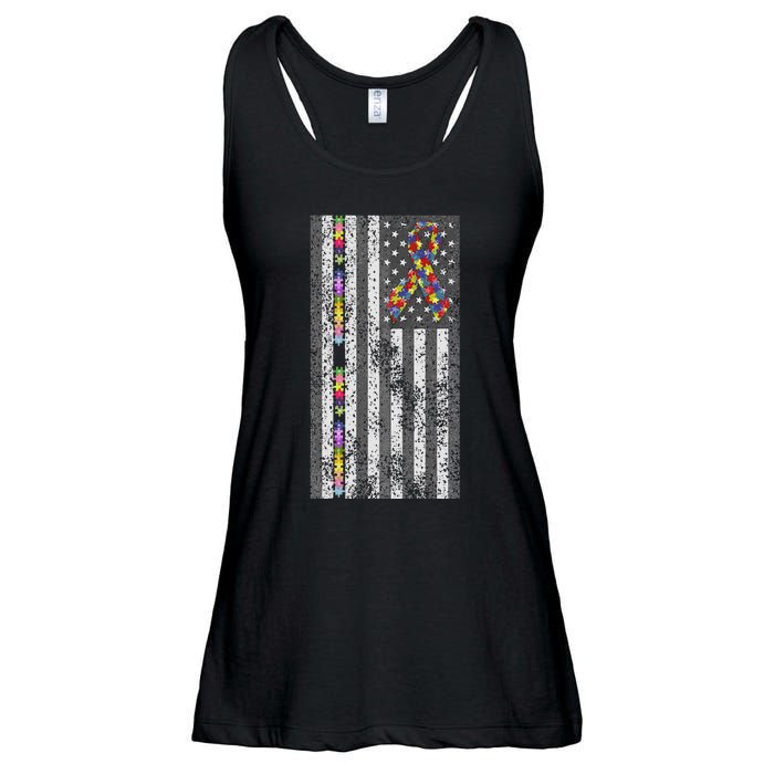 American Flag Autism Awareness Puzzle Piece & Ribbon Ladies Essential Flowy Tank