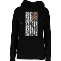 American Flag Autism Awareness Puzzle Piece & Ribbon Womens Funnel Neck Pullover Hood