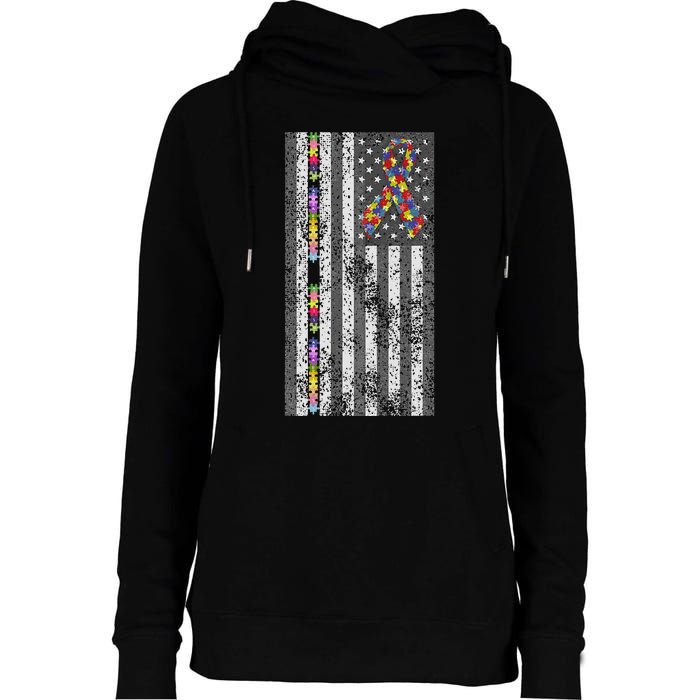 American Flag Autism Awareness Puzzle Piece & Ribbon Womens Funnel Neck Pullover Hood