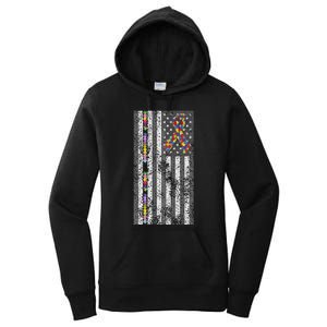 American Flag Autism Awareness Puzzle Piece & Ribbon Women's Pullover Hoodie