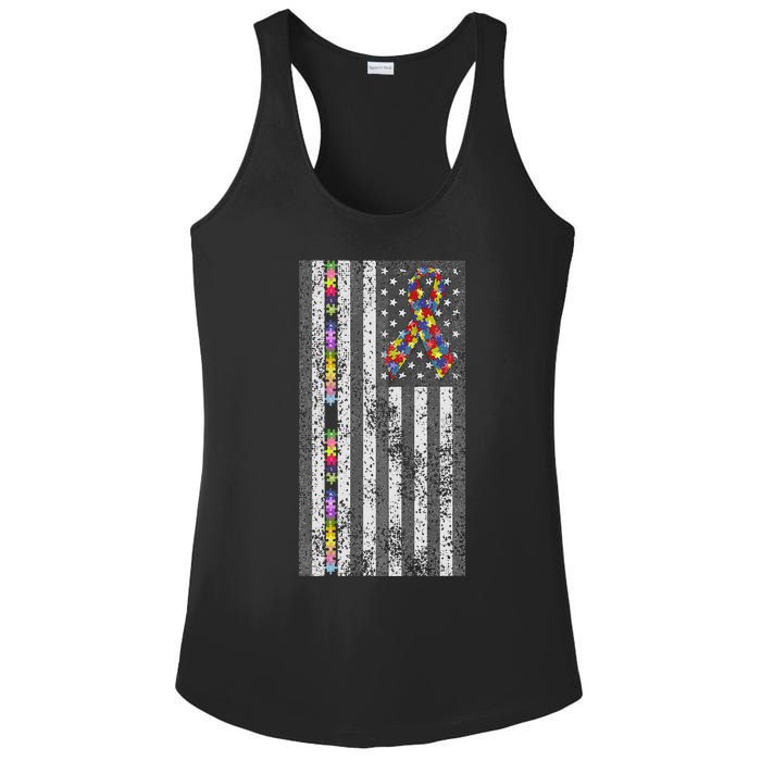 American Flag Autism Awareness Puzzle Piece & Ribbon Ladies PosiCharge Competitor Racerback Tank